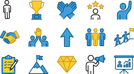 Success, Achievement, and Leadership Icons Teamwork, Goals, Promotion, Motivation, and Business Strategy Symbols for Corporate Growth and Recognition