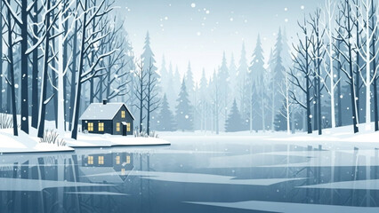 Cozy winter cabin nestled in snowy forest scenery, a peaceful retreat for holidays or a Christmas card design, originally a scalable vector graphic