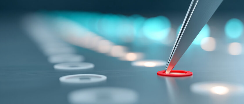 Close-up of a metallic stylus selecting a red circular button on a futuristic digital touchscreen interface with blurred blue and white lights