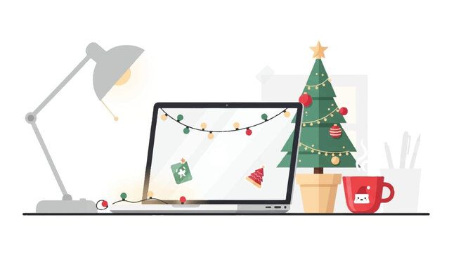 A laptop decorated with Christmas lights sits on a desk next to a small Christmas tree and a holiday-themed mug.