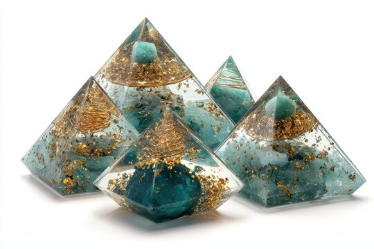 Stunning Orgone Crystals: Decorative Pyramids Isolated on White Background with Abstract Nature Texture