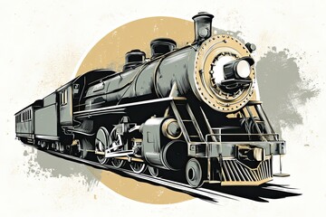 Fototapeta premium Vintage steam locomotive illustration in retro engraving style, showcasing intricate details and textures, capturing the essence of classic train travel and nostalgia