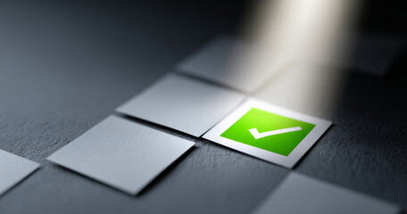 Close-up of a green checkmark on a white square card illuminated by a spotlight among blank white cards on a textured dark surface