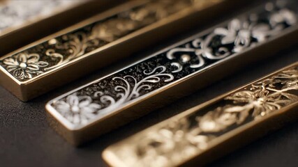 Detailed medium angle view of matte electroplated jewelry parts displaying subtle elegant metal finishes with artistic patterns.