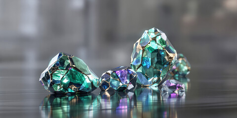 Floating rare earth mineral monoliths with metallic veins over reflective surface