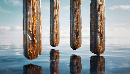 Floating rare earth mineral monoliths with metallic veins over reflective surface