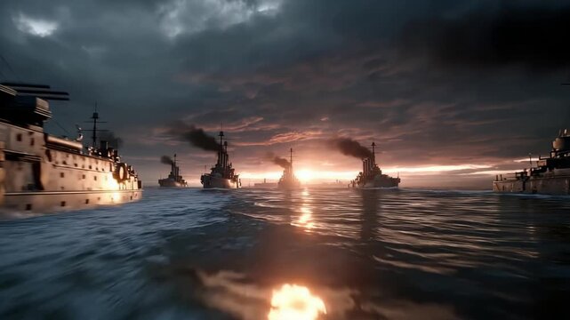 Sunset forces clash as powerful ships cut through shimmering water