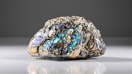 Raw rare earth ore chunk on neutral background with metallic texture