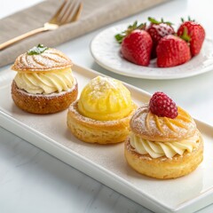 Indulge in these delicious cream puff pastries with fresh strawberries, perfect for a sweet treat or decadent dessert, a delightful culinary experience