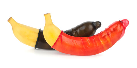 Bananas in condoms isolated on white background.