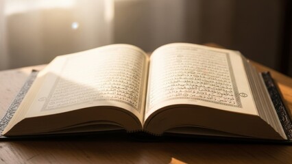 Obraz premium Open Quran resting on a wooden table in gentle daylight, pages glowing with divine wisdom, symbolizing Islamic knowledge, guidance, reflection, and a peaceful connection with Allah’s words