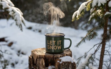 Let it snow typography on green camping mug, steaming coffee on tree stump, outdoor winter forest adventure, for hiking, travel, nature wallpaper.