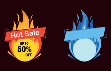 Hot Sale Flame Labels with Discount Offer and Cool Blue Fire Promo Tag Design