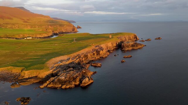 Aerial view of the coast at Malin Beg at the Napoleonic Signal Tower - County Donegal, Ireland
