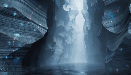 Bioluminescent rare earth mineral canyon glowing with metallic veins