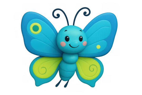 Cute smiling blue butterfly cartoon character with green wings flying, representing joy, happiness, and spring, transparent background
