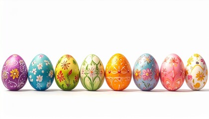 Seven decorated Easter eggs in horizontal line with floral and bunny designs on white background