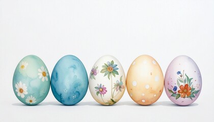 Seven decorated Easter eggs in horizontal line with floral and bunny designs on white background