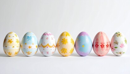 Seven decorated Easter eggs in horizontal line with floral and bunny designs on white background