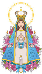 Illustration of virgen de la candelaria with crown halo flowers and candles in a decorative design style