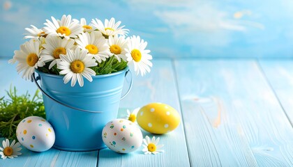 Light blue bucket of white daisies with pastel Easter eggs on matching blue surface and background