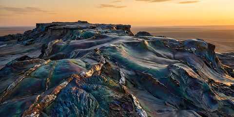 Abstract mineral plateau with rare earth crystals, metallic veins, detailed rock textures, soft natural lighting, and serene outdoor environment