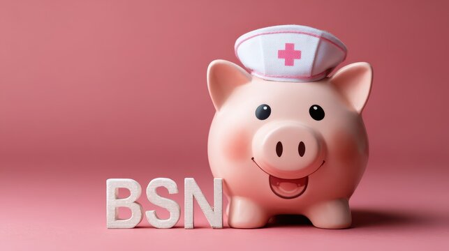 Nursing Journey: Happy Baby Piggy Bank Representing Scholarships for Bachelor of Science in Nursing Education