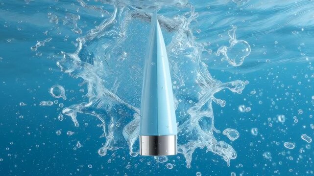 A tube of blue liquid is in the water, creating a splash. Concept of movement and energy, as the water splashes around the tube. The blue color of the liquid and the water creates a calming