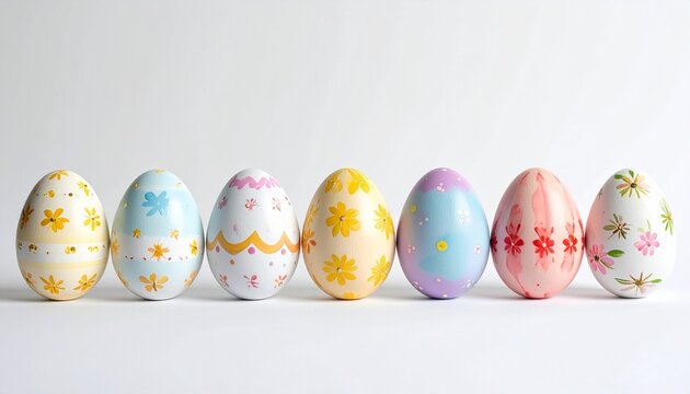 Seven decorated Easter eggs in horizontal line with floral and bunny designs on white background