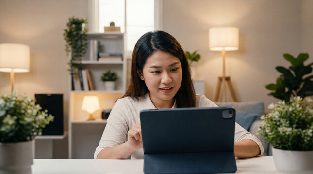 Young Asian woman using digital tablet at desk in cozy living room. Concept of remote work, study or leisure. Ideal for lifestyle and technology ads.