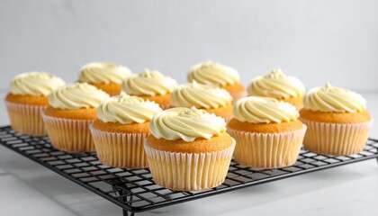 Eight vanilla cupcakes with pale yellow frosting on black cooling rack against white and gray background