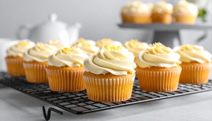 Eight vanilla cupcakes with pale yellow frosting on black cooling rack against white and gray background