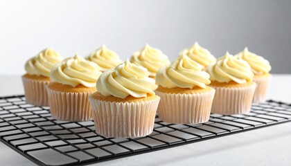 Eight vanilla cupcakes with pale yellow frosting on black cooling rack against white and gray background