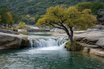 Naklejka premium Pedernales Falls: A Majestic Texas Waterfall Amidst Lush Greenery and Serene Landscapes