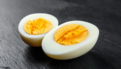 Two halves of hard-boiled egg with bright orange yolks on dark surface