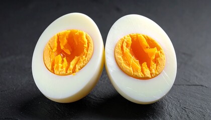 Two halves of hard-boiled egg with bright orange yolks on dark surface