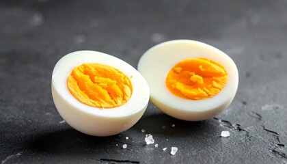 Two halves of hard-boiled egg with bright orange yolks on dark surface