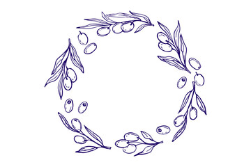 Vector doodle sketch olives wreath for Mediterranean or vegan diet. Olive twigs, berries round frame. Food, natural organic cosmetics illustration for invitations, labels, packaging, emblem, sticker. 
