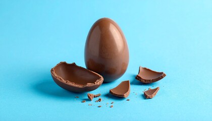 Whole chocolate egg with broken pieces on light blue background