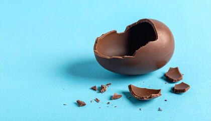 Whole chocolate egg with broken pieces on light blue background
