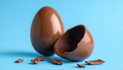 Whole chocolate egg with broken pieces on light blue background