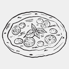 Hand drawn pizza with tomato slices and basil leaves. Classic Italian cuisine in rustic style. Culinary, Mediterranean food, cozy kitchen. Vector sketch illustration in vintage crayon charcoal style