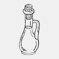 Hand drawn glass bottle with cork stopper and handle. Classic cruet or decanter for oil, vinegar, or wine. Culinary, kitchen. Vector sketch illustration in vintage crayon charcoal style.