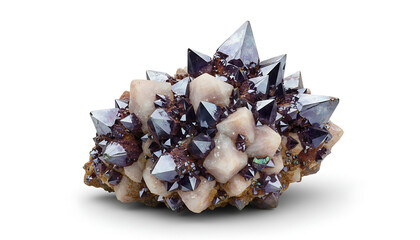Rare earth mineral cluster with neodymium and europium crystals on white background
