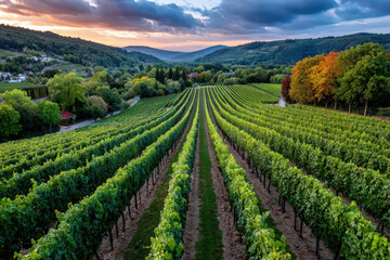 Naklejka premium Vineyards at Sunset with Colorful Autumn Trees