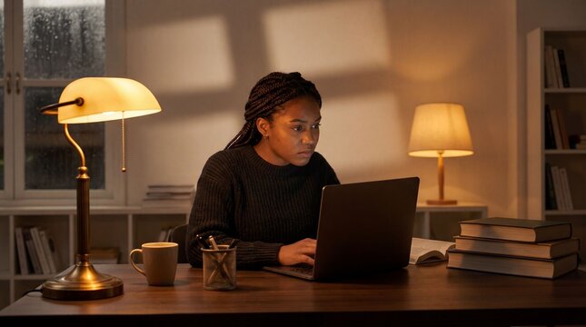 Young African American woman types on laptop at desk with books and lamp at night. Cozy focused scene with rain outside suitable for education or remote work concepts.