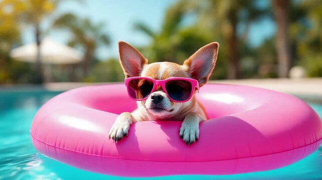 Elegant Chihuahua lounging on pool float with sunglasses and palms