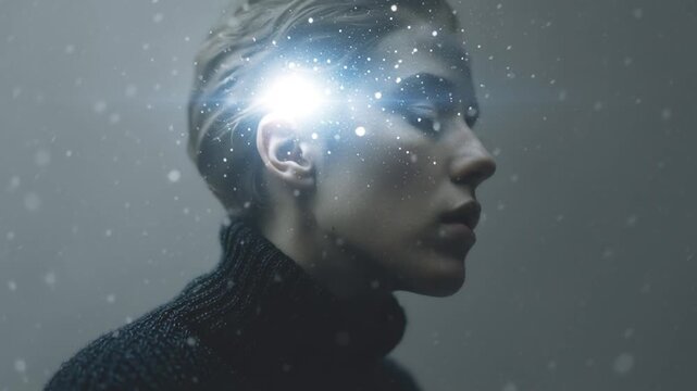 Artistic representation of subconscious mind with human profile overlayered by shining neural pathways and floating star-like elements symbolizing dreams