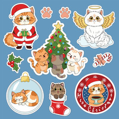 Sticker set. Cute Christmas cats. Vector illustration.