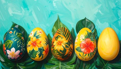 colorful Easter eggs with floral and polka dot patterns arranged on green leaves against turquoise background
